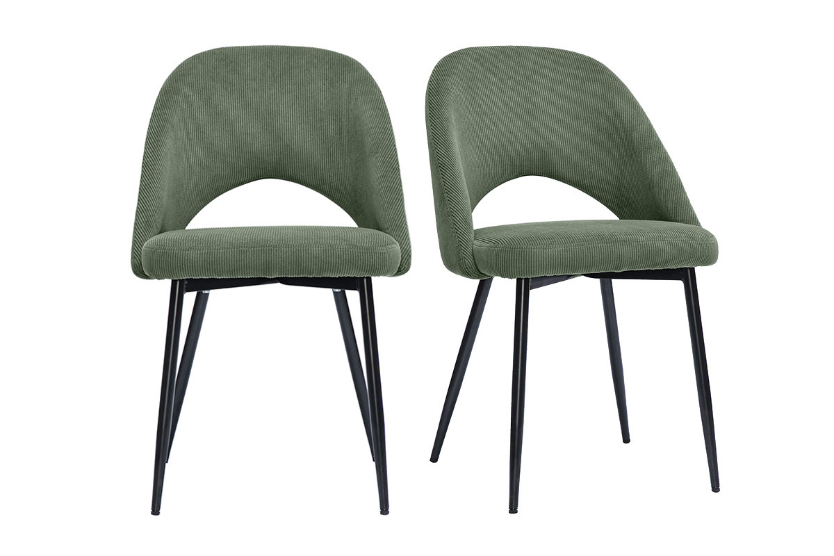Chaises vintage en tissu velours c�tel� vert kaki et m�tal noir (lot de 2) COSETTE