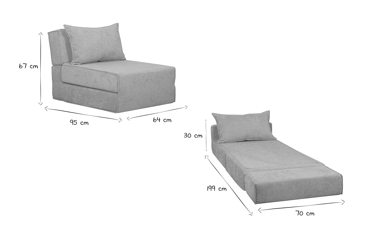 Chauffeuse 1 place convertible en tissu effet velours gris VICTOR
