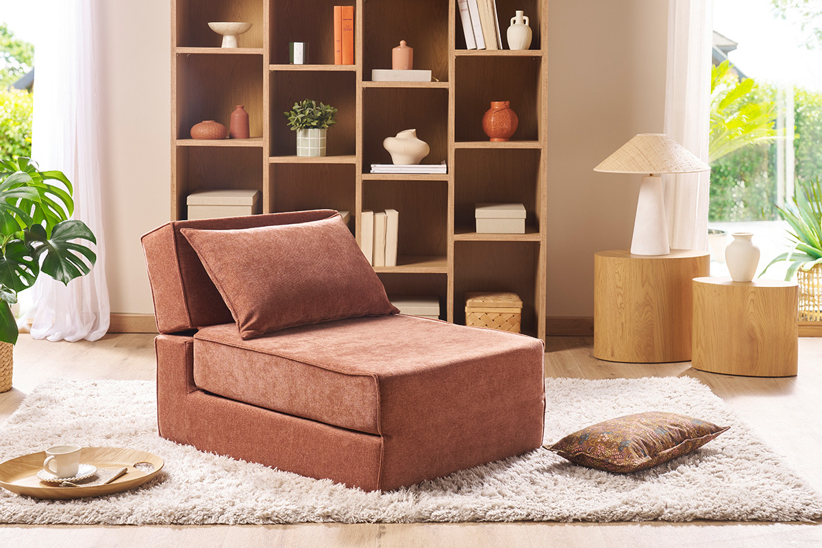 Chauffeuse 1 place convertible en tissu effet velours taupe VICTOR