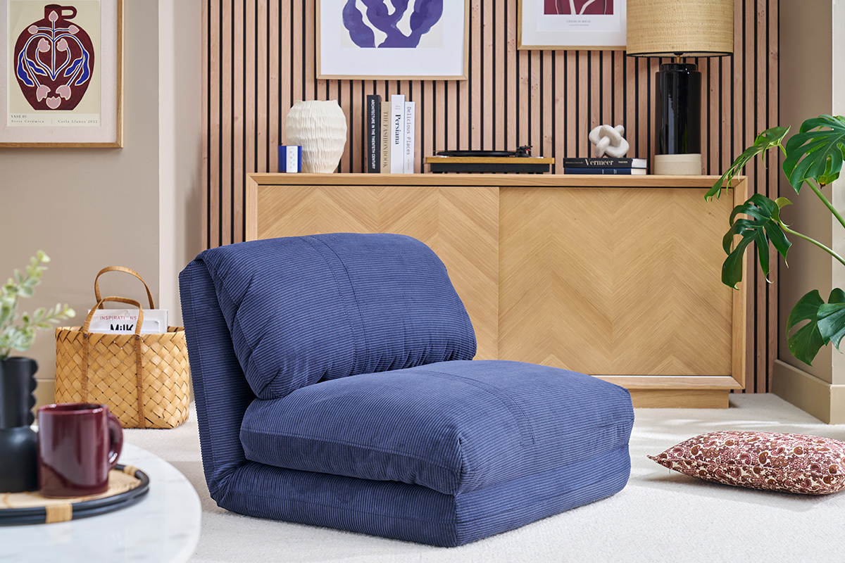 Chauffeuse 1 place convertible en tissu velours c�tel� bleu fonc� SPENCER