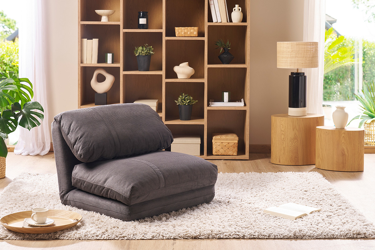 Chauffeuse 1 place convertible en tissu velours ctel gris fonc SPENCER