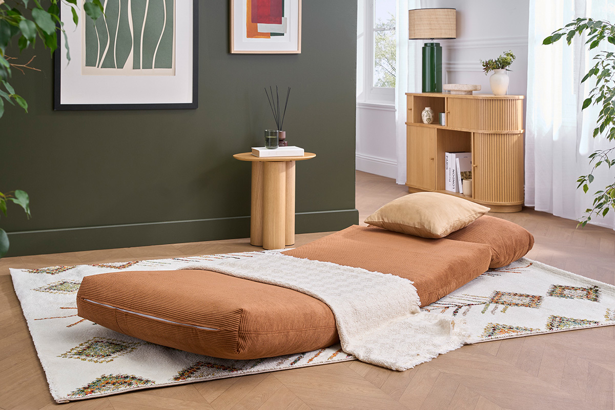 Chauffeuse 1 place convertible en tissu velours c�tel� terre br�l�e SPENCER