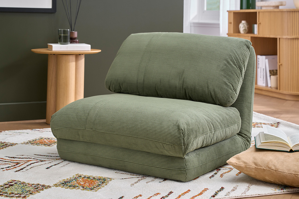 Chauffeuse 1 place convertible en tissu velours c�tel� vert kaki SPENCER