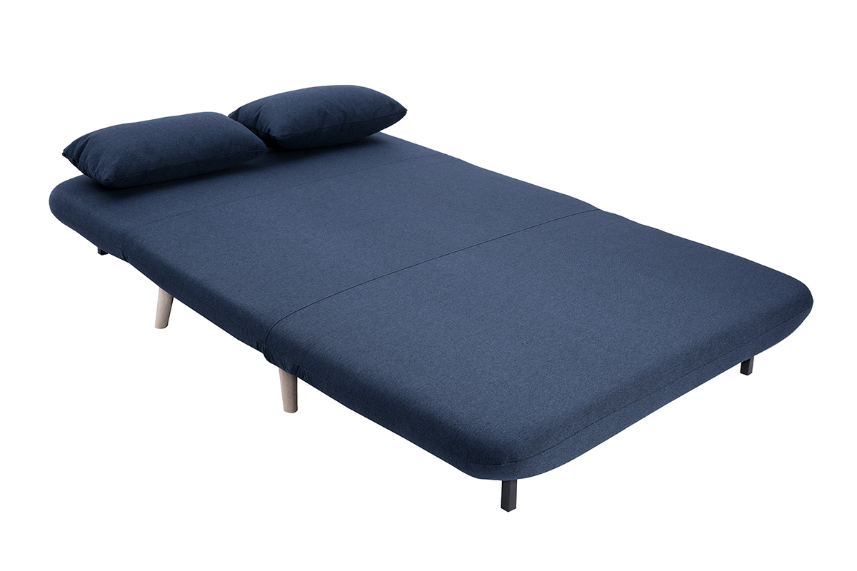 Chauffeuse 2 places convertible en tissu bleu fonc et bois clair AMIKO