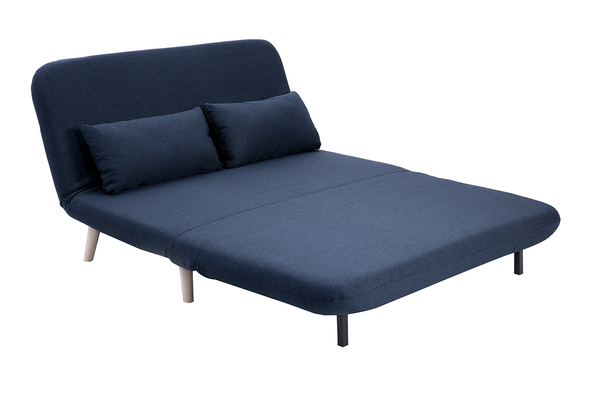 Chauffeuse 2 places convertible en tissu bleu fonc et bois clair AMIKO