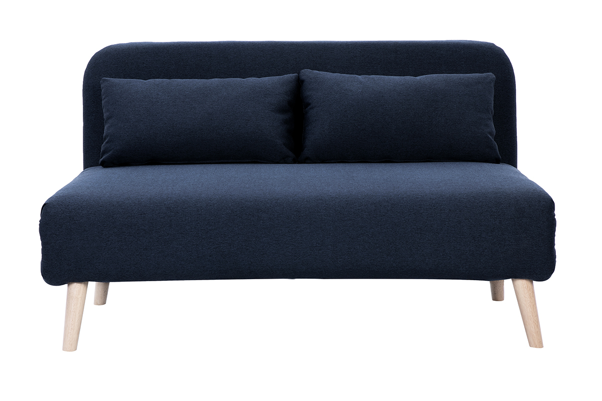 Chauffeuse 2 places convertible en tissu bleu fonc et bois clair AMIKO