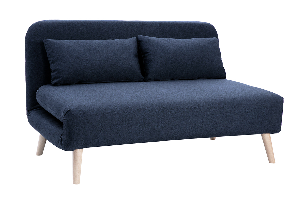 Chauffeuse 2 places convertible en tissu bleu fonc et bois clair AMIKO