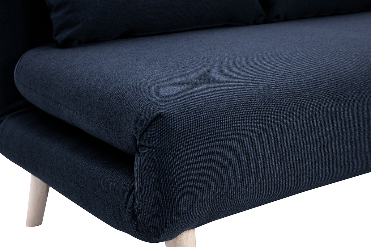 Chauffeuse 2 places convertible en tissu bleu fonc et bois clair AMIKO
