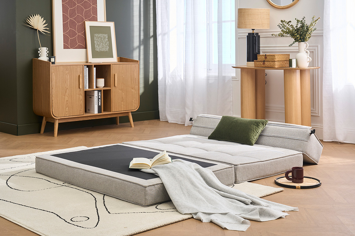 Chauffeuse 2 places convertible en tissu gris clair KATY