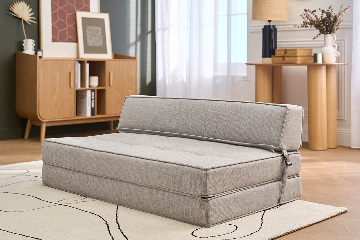 Chauffeuse 2 places convertible en tissu gris clair KATY