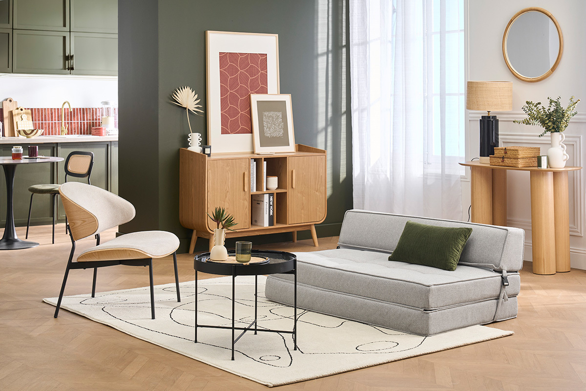 Chauffeuse 2 places convertible en tissu gris clair KATY