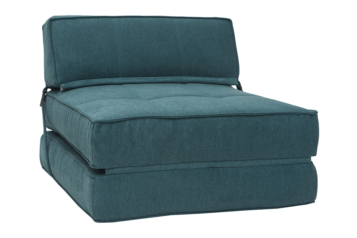 Chauffeuse convertible 1 place en tissu effet velours bleu p�trole KATY