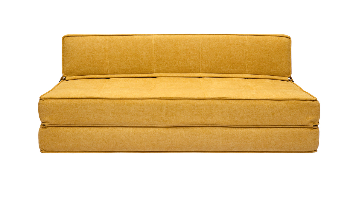 Chauffeuse convertible 2 places en tissu effet velours jaune moutarde KATY