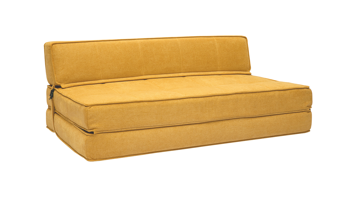 Chauffeuse convertible 2 places en tissu effet velours jaune moutarde KATY