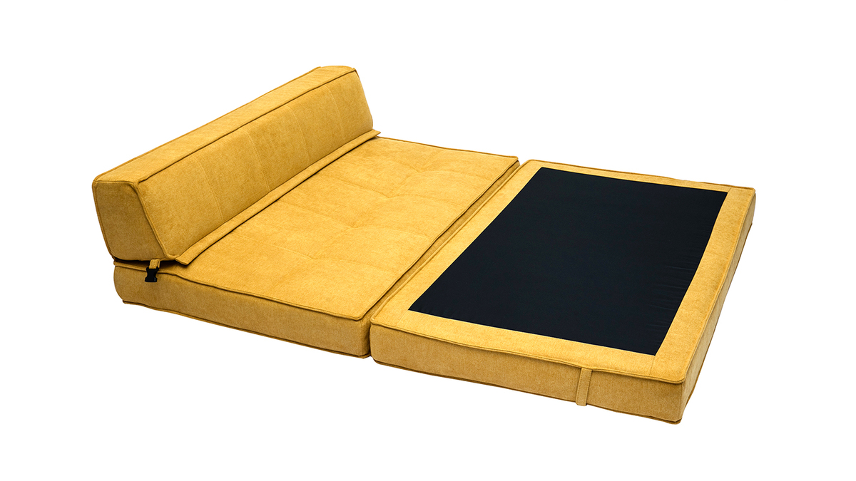 Chauffeuse convertible 2 places en tissu effet velours jaune moutarde KATY
