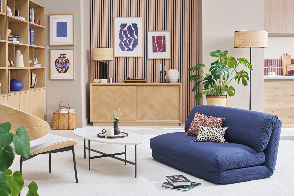 Chauffeuse convertible 2 places en tissu velours c�tel� bleu fonc� SPENCER