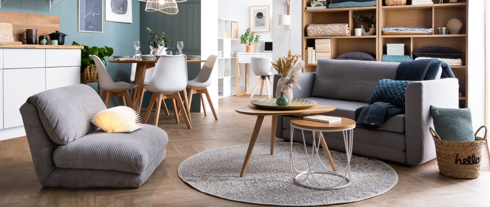 Chauffeuse convertible d�houssable en velours c�tel� gris clair SPENCER