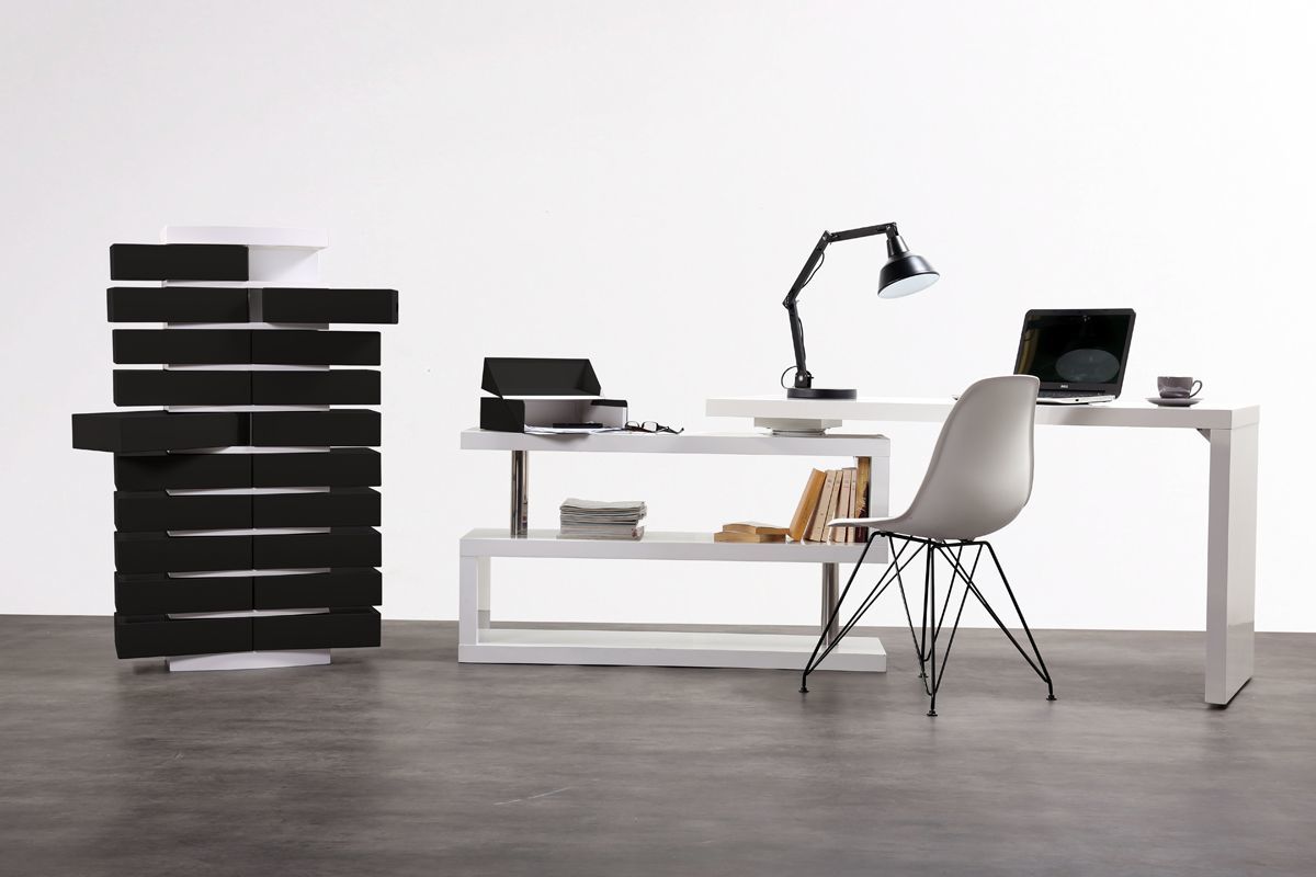 Colonne cartonnier blanc design et ses 20 bo�tes de classement noires SAMOURAI