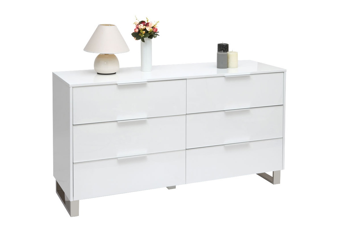 Commode design blanche laqu�e 6 tiroirs L140 cm HALIFAX