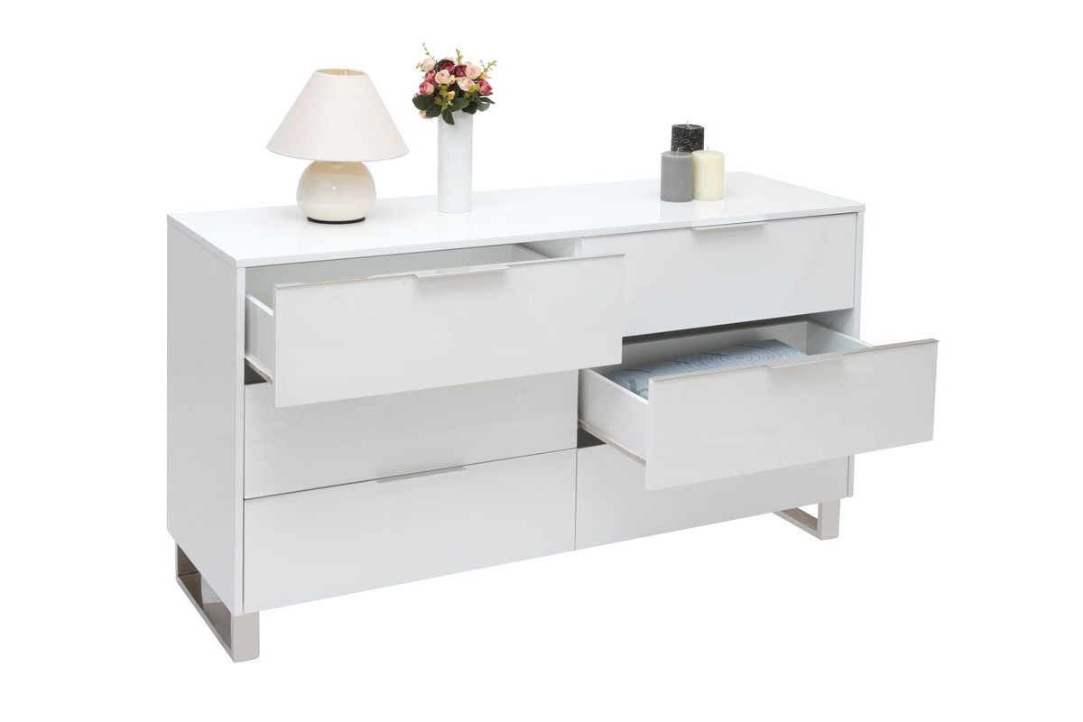 Commode design blanche laqu�e 6 tiroirs L140 cm HALIFAX