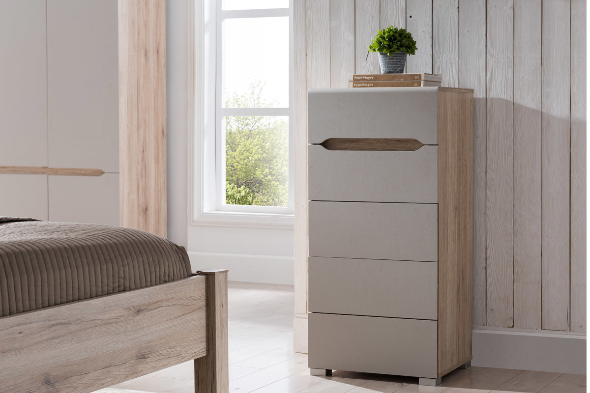 Commode design bois clair et taupe 5 tiroirs WILLY