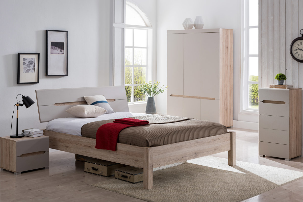 Commode design bois clair et taupe 5 tiroirs WILLY