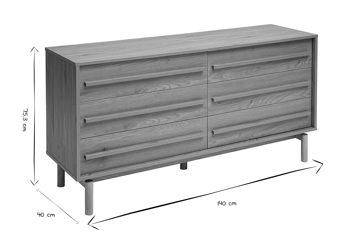 Commode finition bois ch�ne 6 tiroirs L140 cm YSEULT