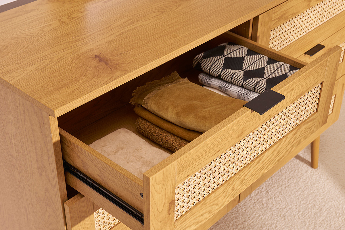 Commode finition bois clair, cannage en rotin et m�tal noir 6 tiroirs L120 cm MANILLE