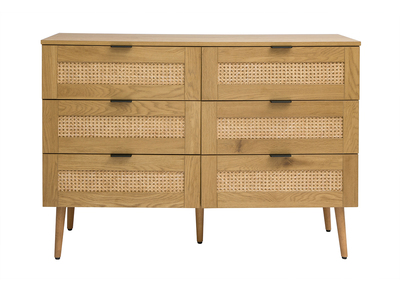 Commode finition bois clair, cannage en rotin et m&eacute;tal noir 6 tiroirs L120 cm MANILLE