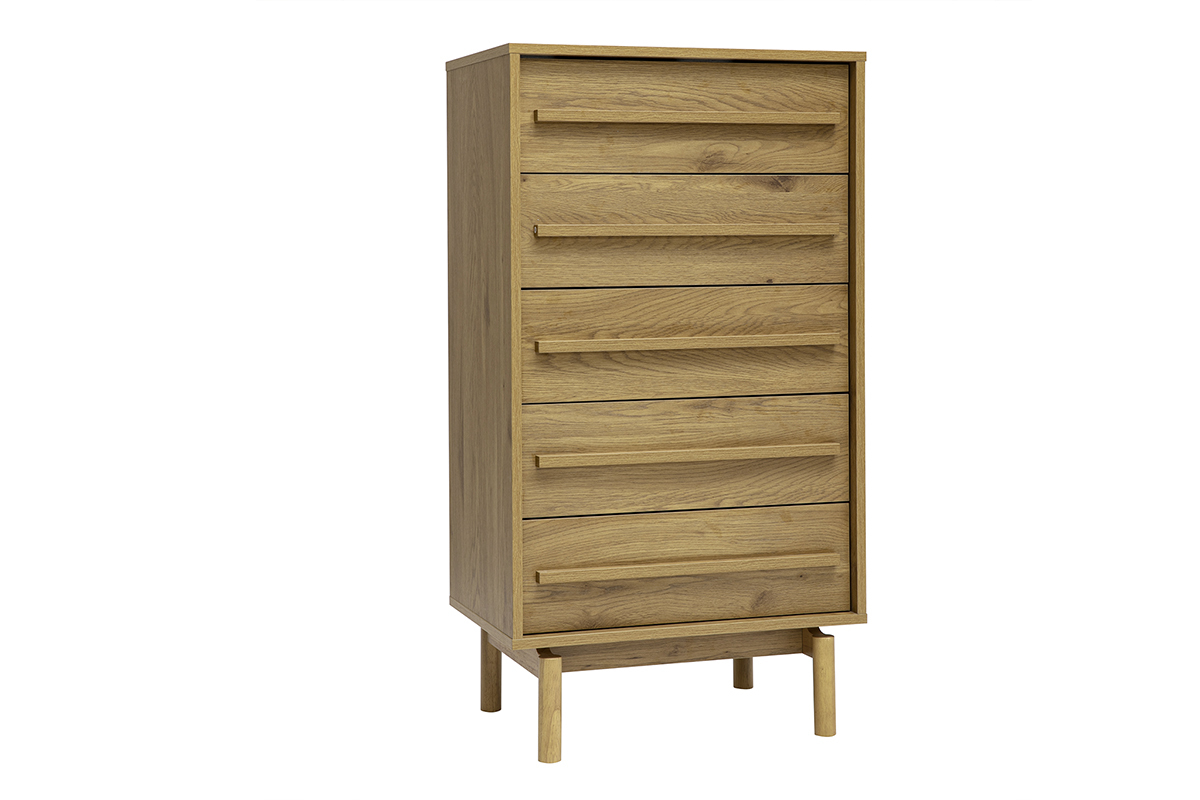 Commode haute finition bois ch�ne 5 tiroirs L60 cm YSEULT