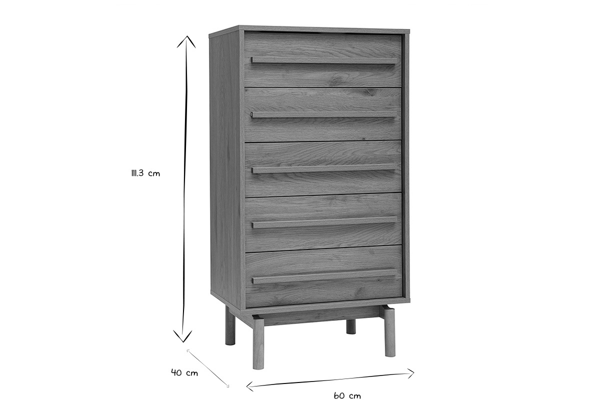 Commode haute finition bois ch�ne 5 tiroirs L60 cm YSEULT