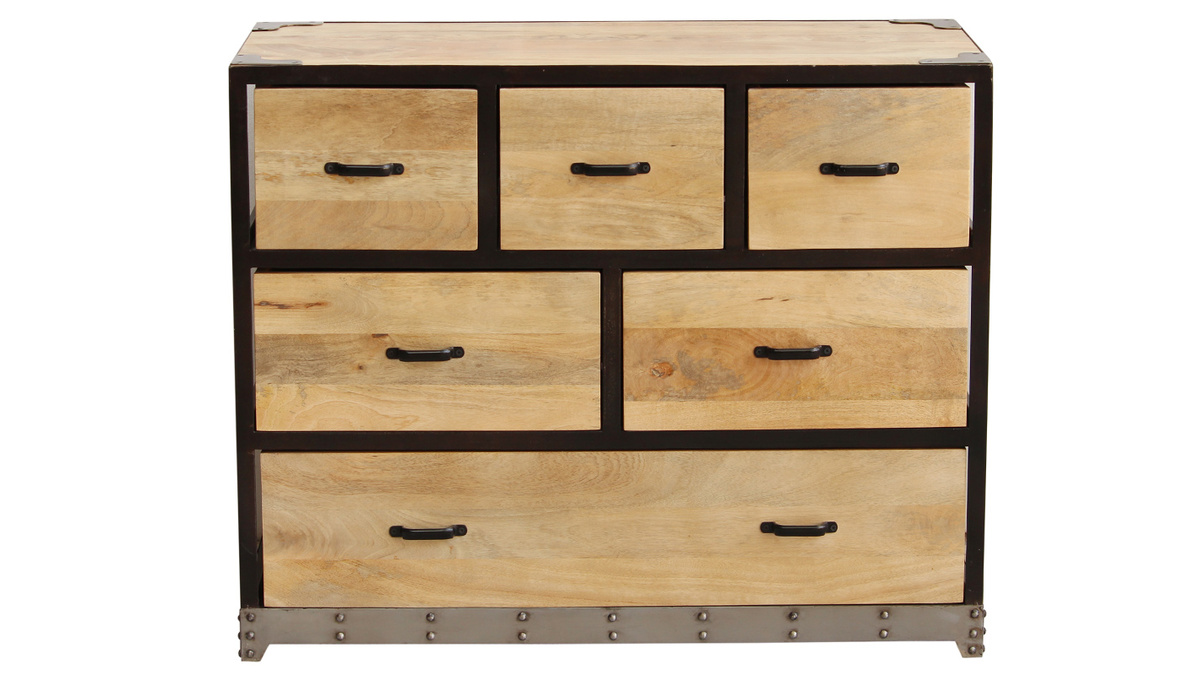 Commode industrielle en bois manguier massif et mtal noir 6 tiroirs L99 cm INDUSTRIA