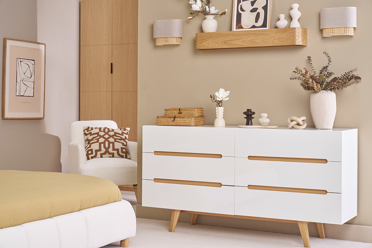 Commode scandinave finition blanc brillant laqu 6 tiroirs L160 cm MELKA
