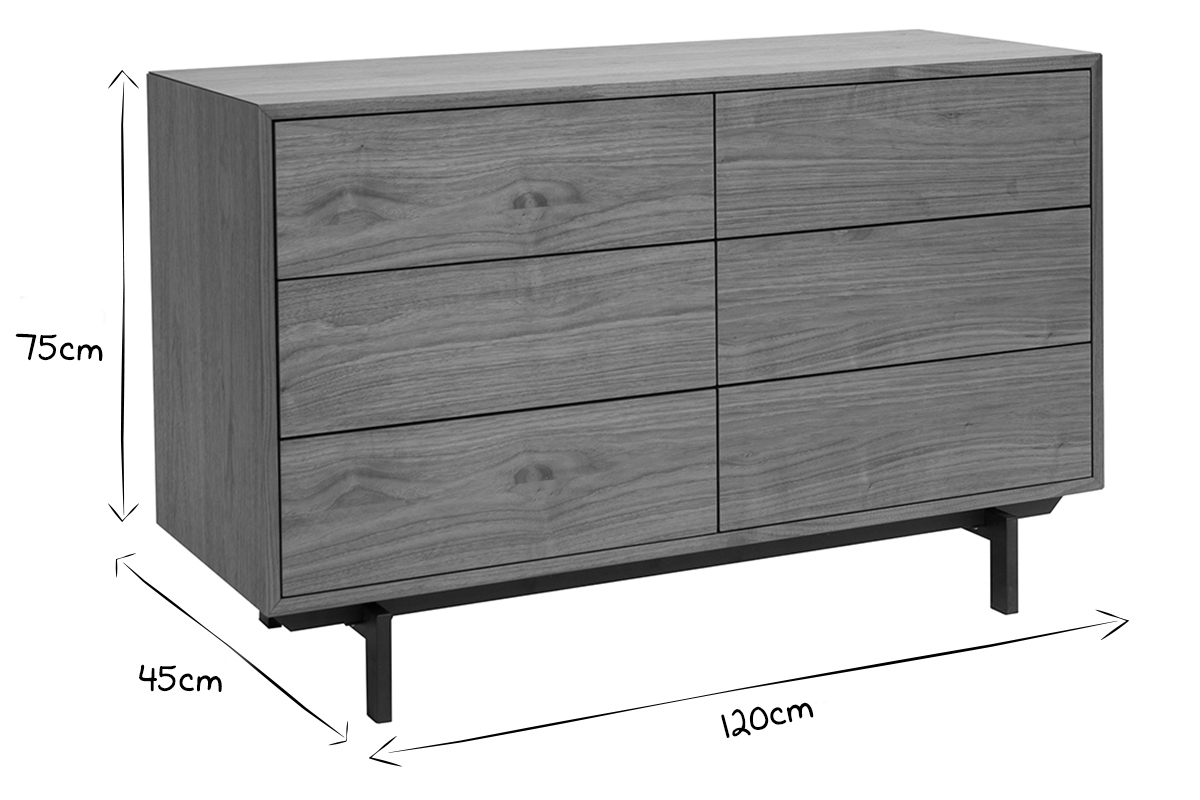 Commode vintage bois foncé noyer et métal noir 6 tiroirs L120 cm MANNY