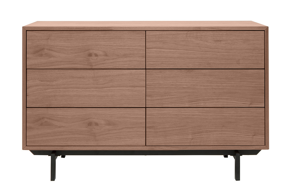 Commode vintage bois foncé noyer et métal noir 6 tiroirs L120 cm MANNY