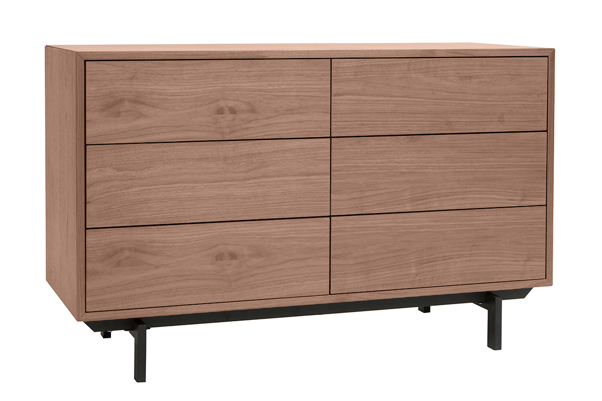 Commode vintage bois foncé noyer et métal noir 6 tiroirs L120 cm MANNY