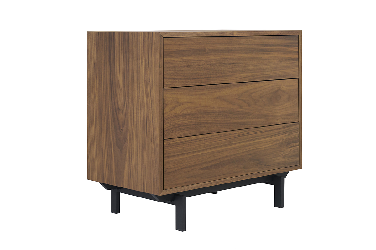 Commode vintage en bois fonc noyer et mtal noir 3 tiroirs L81 cm MANNY