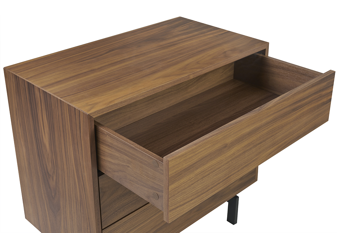 Commode vintage en bois fonc noyer et mtal noir 3 tiroirs L81 cm MANNY