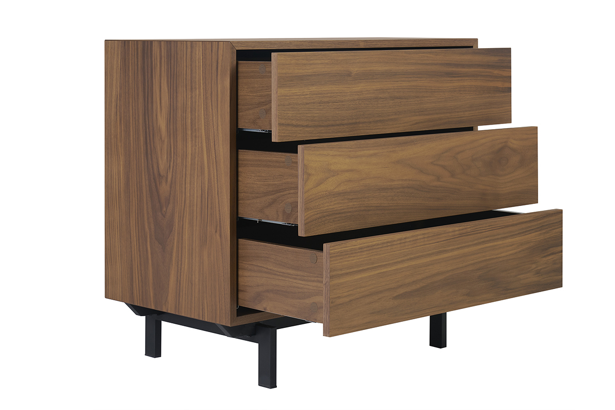 Commode vintage en bois fonc noyer et mtal noir 3 tiroirs L81 cm MANNY