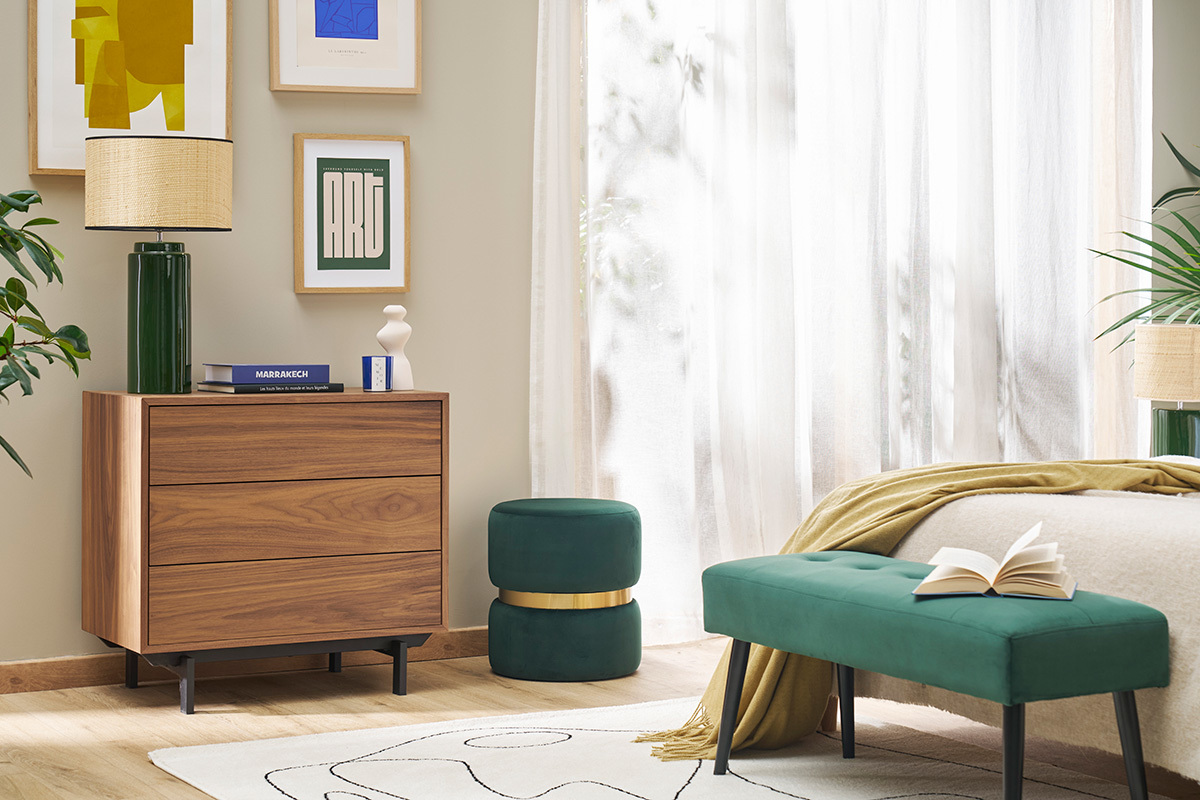 Commode vintage en bois fonc noyer et mtal noir 3 tiroirs L81 cm MANNY