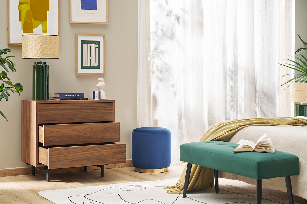 Commode vintage en bois fonc noyer et mtal noir 3 tiroirs L81 cm MANNY