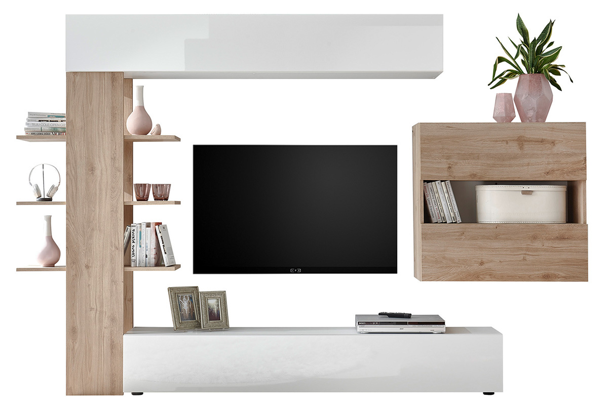 Composition TV murale bois clair et blanc L184 cm ETERNEL