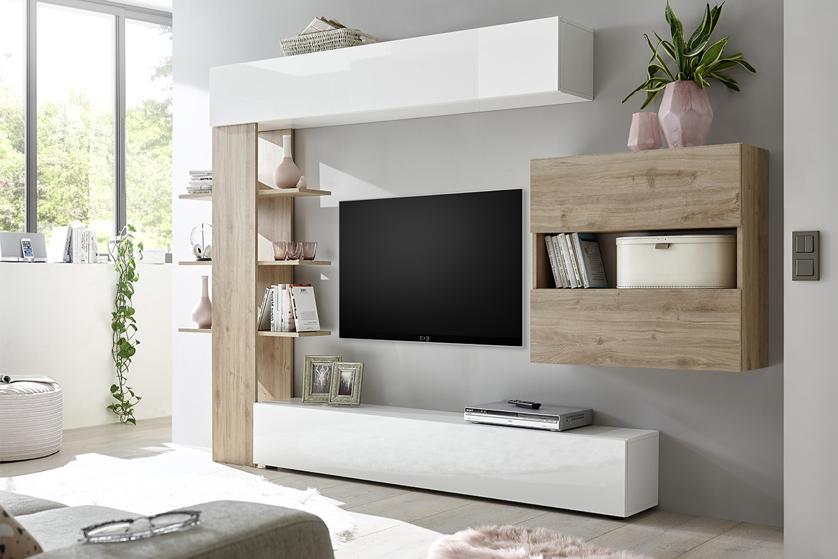 Composition TV murale bois clair et blanc L184 cm ETERNEL