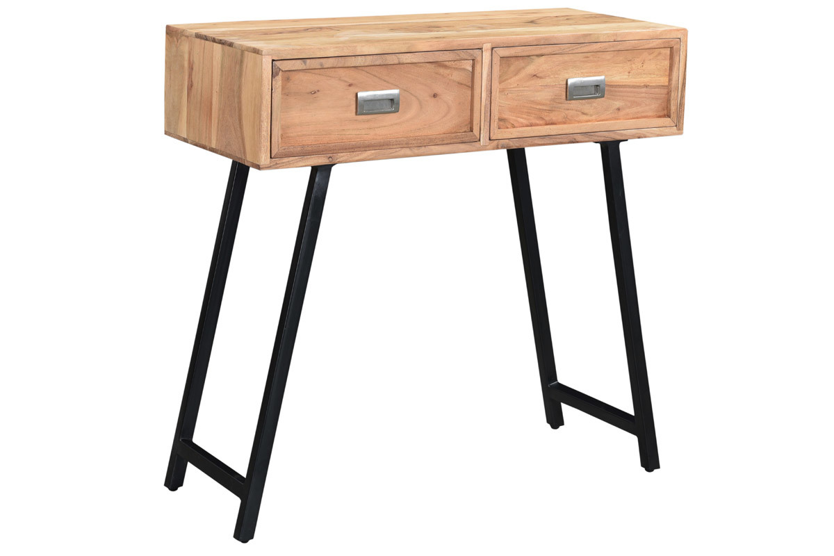 Console 2 tiroirs en acacia massif et m�tal noir L81 cm EDITION
