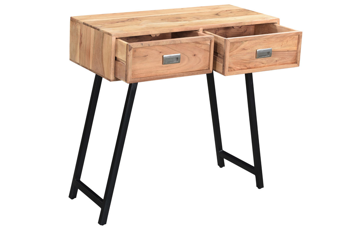 Console 2 tiroirs en acacia massif et m�tal noir L81 cm EDITION