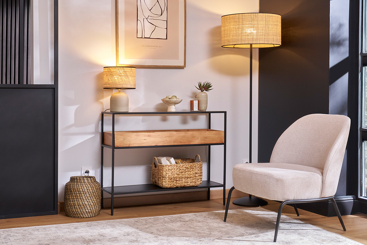 Console avec plateau en verre, rangement en bois massif et mtal noir L100 cm HAORA