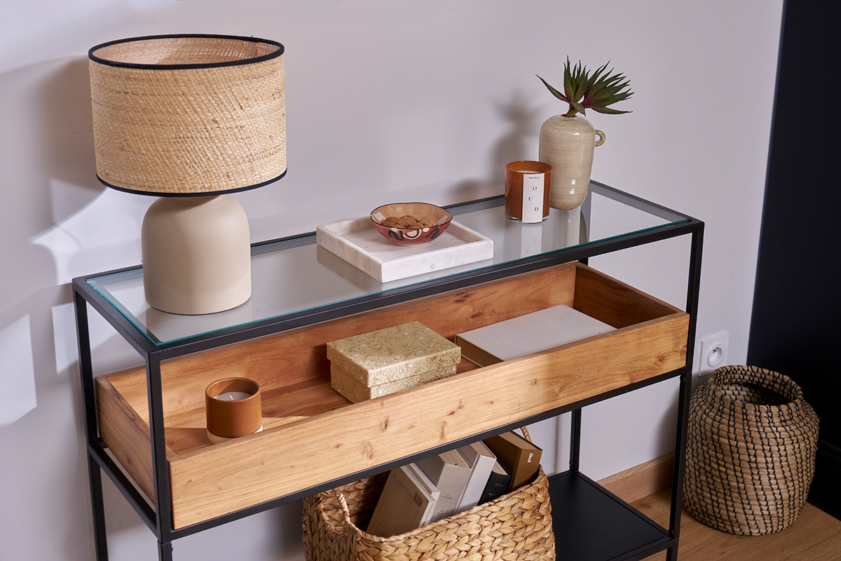 Console avec plateau en verre, rangement en bois massif et mtal noir L100 cm HAORA