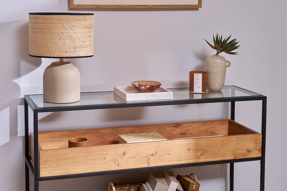 Console avec plateau en verre, rangement en bois massif et mtal noir L100 cm HAORA