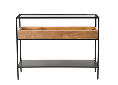 Console avec plateau en verre, rangement en bois massif et métal noir L100 cm HAORA