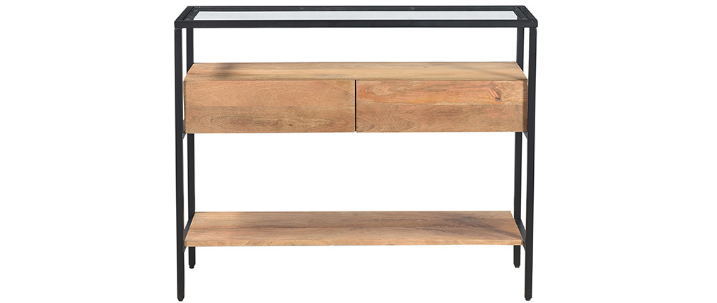 Console avec plateau verre et tiroirs en manguier massif L100 cm SITA